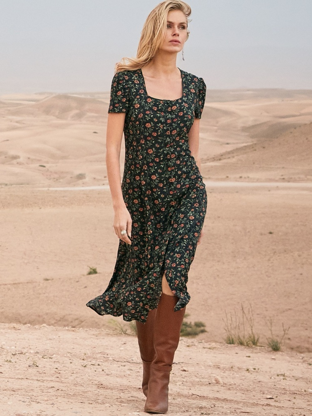 Peruvian Connection Dessert Rose Floral Button Front Square-Neck Midi Dress 14‎